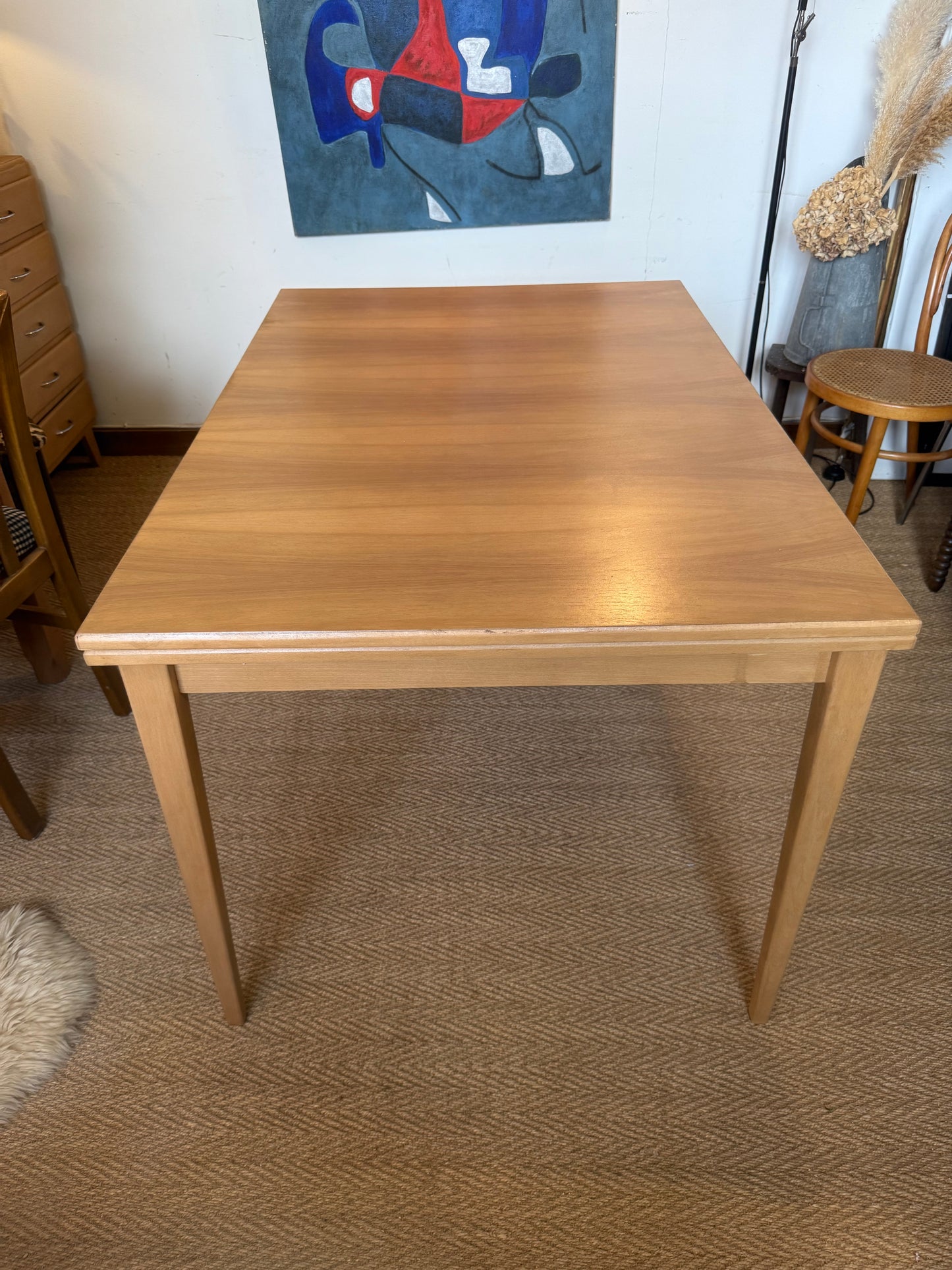 Table à rallonge extensible vintage pieds compas placage hêtre (6/10 pers)