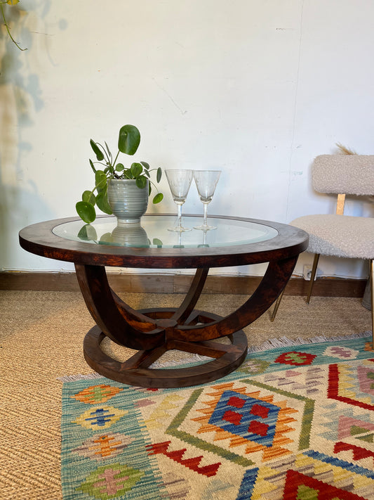 Table basse vintage ovale en bois et verre biseauté