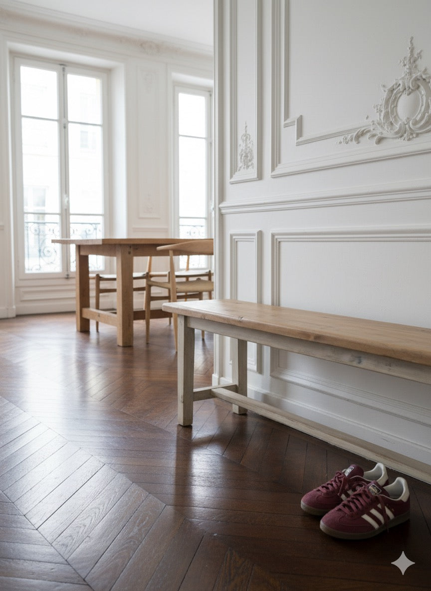 Banc de ferme en bois massif vintage