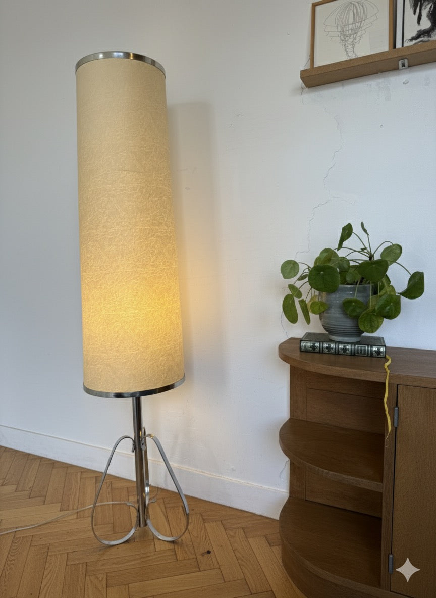 Lampe / lampadaire vintage en chrome avec son abat jour liseré métal