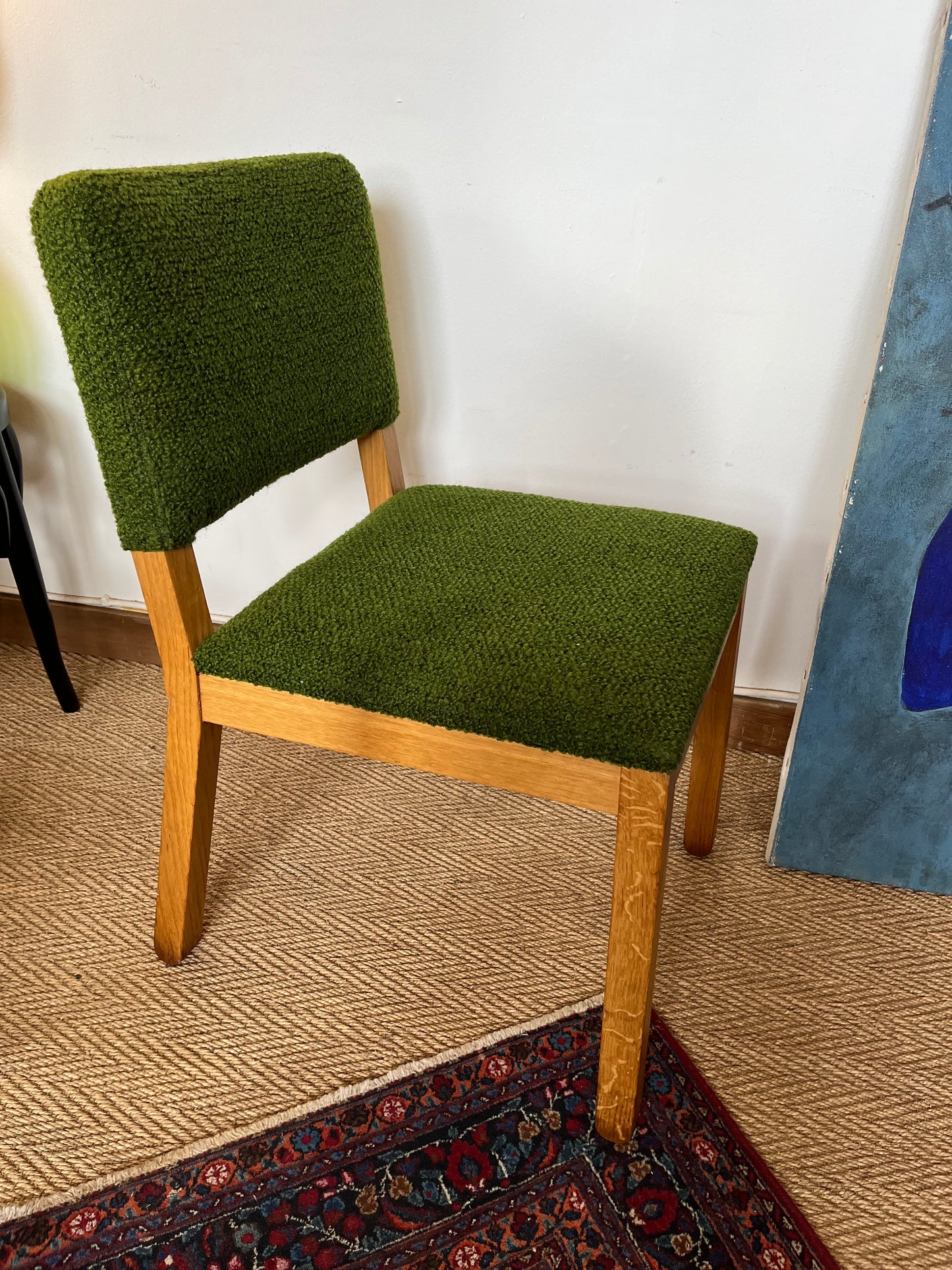 Fauteuil chaise en laine bouclette verte et bois