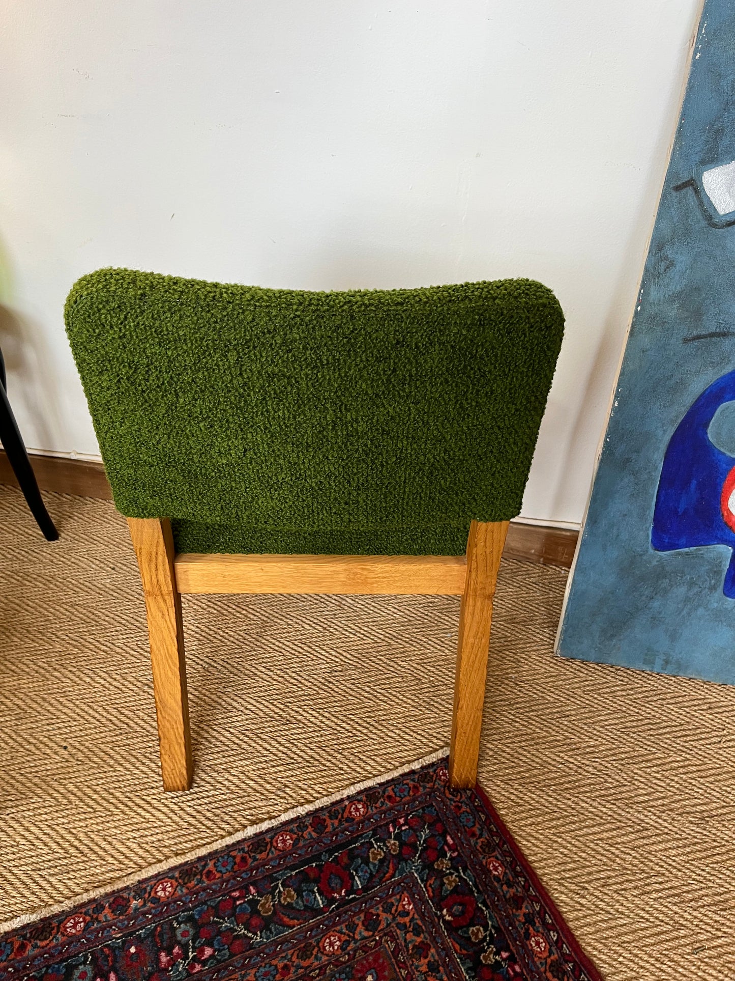 Fauteuil chaise en laine bouclette verte et bois