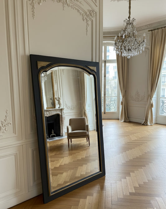 Miroir vintage glace biseautée en bois noir et doré