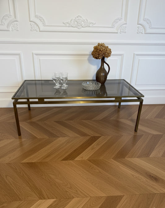 Table basse vintage laiton doré et verre fumé