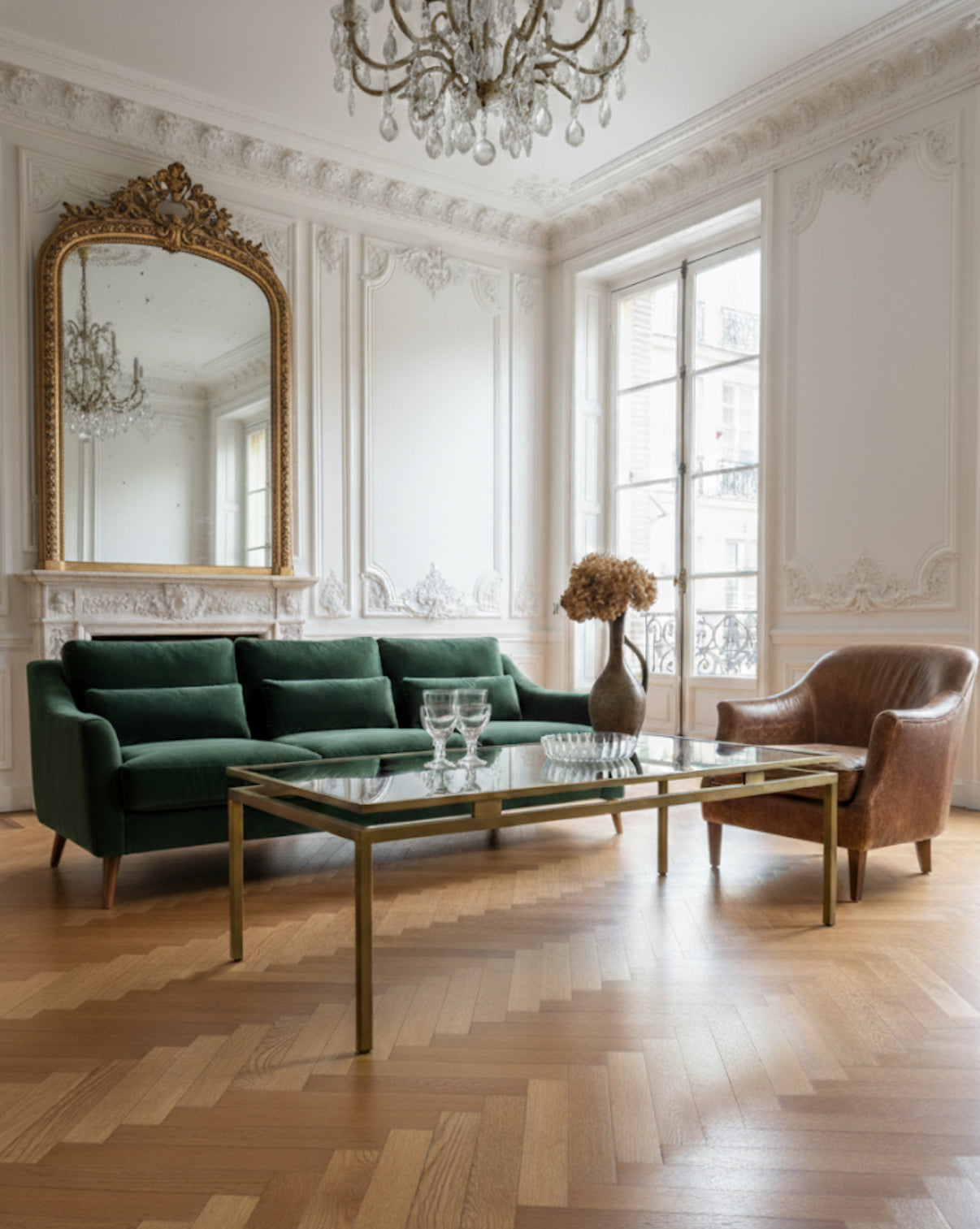 Table basse vintage laiton doré et verre fumé